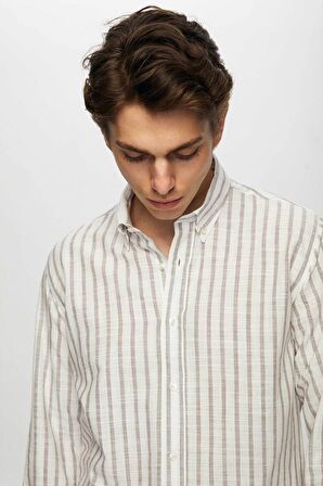 Slim Fit Vizon Çizgili Düğmeli Yaka %100 Pamuk Flamlı Yazlık Keten Görünümlü Gömlek 0HC02ORT06265