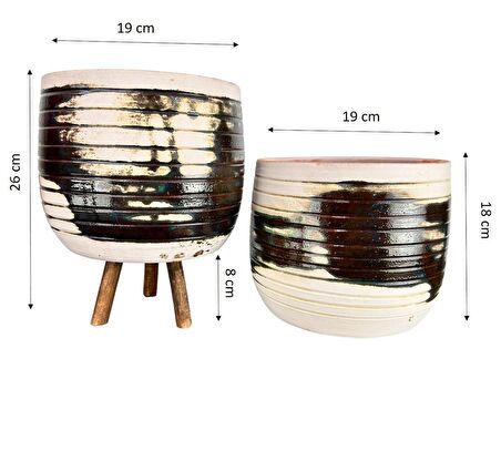 Ev Dekorasyon Aksesuar Yeşil Sırlı Terrakota Toprak Saksı Saksılık Salon Çiçeklik İkili Set Ayaksız - 3 Ayaklı- 19 CM