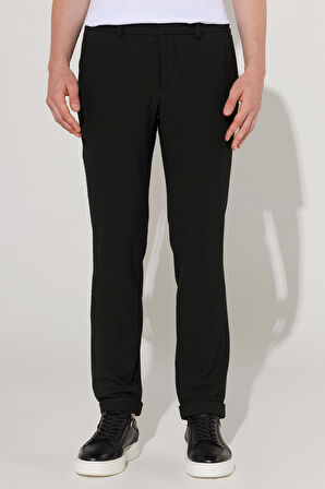 Erkek Siyah Slim Fit Dar Kesim Gofre Desenli Esnek Beli Bağlamalı Pantolon