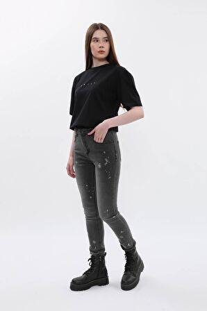 Kadın Yüksek Bel Skinny Fit Dar Paça Benekli Gri Jean Pantolon