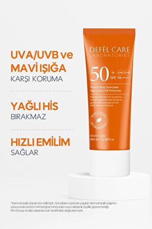 SPF 50 Vücut Güneş Kremi Yağ ve Beyaz Kalıntı Bırakmayan UVA/UVB Koruyucu Nemlendirici Krem (100 ml)