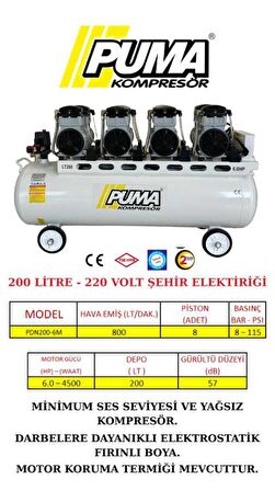 PUMA SESSİZ YAĞSIZ PİSTONLU KOMPRESÖR - 200 Lt - 6 HP - 8 Bar - Hava Üretimi: 800 Lt/dk. - 220 Volt