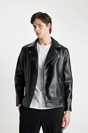 DeFacto Slim Fit Polo Yaka Astarlı Suni Deri Mont C5715AX24AUBK27