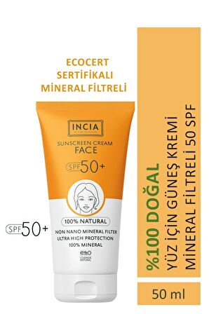 INCIA %100 Doğal Yüz Güneş Kremi Leke Karşıtı Mineral Filtreli Yüksek Koruma SPF 50+ UVA UVB 50 ml
