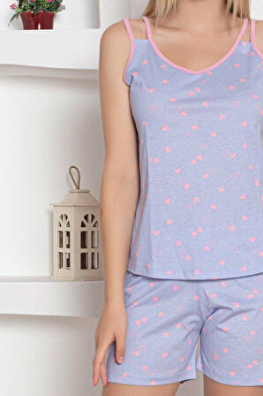 Kadın Kalp Desen Askılı %100 Pamuk Mini Şortlu Pijama Takımı