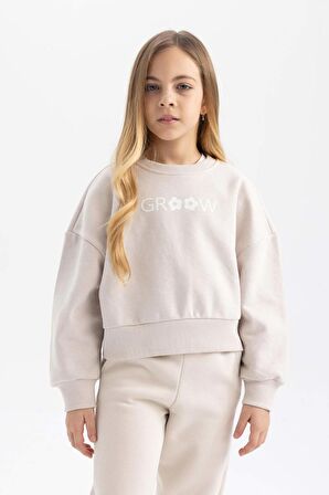 DeFacto Kız Çocuk Relax Fit Bisiklet Yaka Baskılı Kalın Sweatshirt B4675A823WNGR54