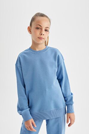 DeFacto Kız Çocuk Relax Fit Bisiklet Yaka Pamuklu Basic Düz Okul Sweatshirt A2797A824AUBE756