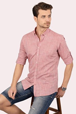 Açık Vişne Düğmeli Keten Slimfit   Gömlek