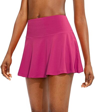Pembe Çift Katmanlı Sırt Fermuarlı Tenis Etek - Darkalıp İçi Taytlı Şort Etek-Cepli Mini Spor Etek