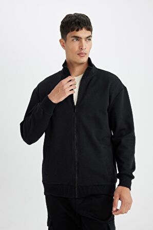 DeFacto Comfort Regular Fit Rahat Kesim Dik Yaka Cepli Basic Düz Fermuarlı Sweatshirt D4971AX24AUBK81