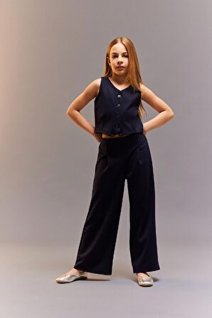 DeFacto Kız Çocuk 2'li Takım Düğmeli Yelek Geniş Bol Paça Pantolon D9486A825SMNV251