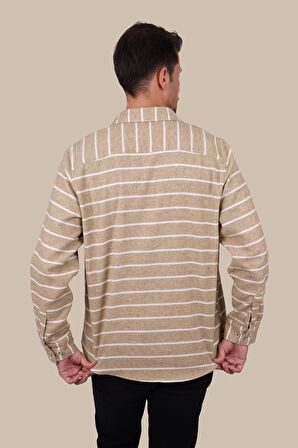 Bej Beyaz Çizgili Oversize Erkek Gömlek