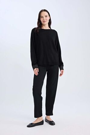 DeFacto Pantolon Straight Fit Lastikli Bel Piliseli Basic Düz D4405AX24WNBK81