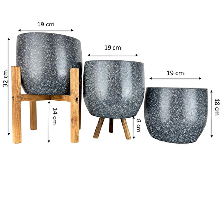 Ev Dekorasyon Aksesuar Gri Granit Toprak Saksı Saksılık Salon Çiçeklik Üçlü Set- 19 CM
