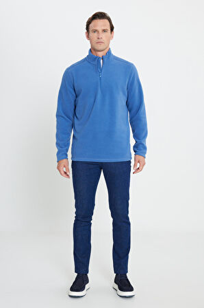 Erkek Indigo Anti-pilling Tüylenme Yapmayan Standart Fit Bato Yaka Soğuk Geçirmez Polar Sweatshirt