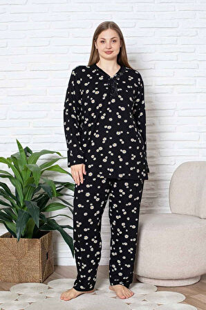 Kadın Papatya Desenli V Yaka 3 Düğmeli Viskon Büyük Beden Mevsimlik Uzun Kol Pijama Takımı