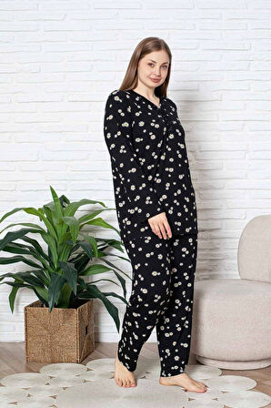 Kadın Papatya Desenli V Yaka 3 Düğmeli Viskon Büyük Beden Mevsimlik Uzun Kol Pijama Takımı