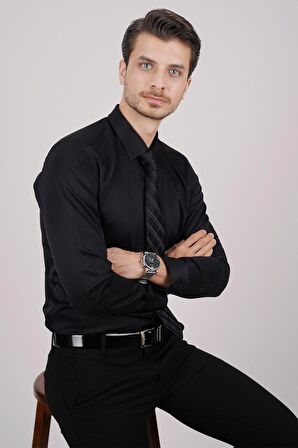 Gömlek Kravat Seti ( sunda Siyah Baklava Desenli Kravat & Siyah Saten Slimfit Gömlek)