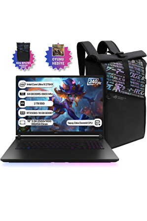 Asus Rog Strix Scar 18 G835LW-SA129 Intel Core Ultra 9 275HX NPU 13 TOPS 64GB 2TB SSD RTX5080-16GB Freedos 18" 2.5K 240Hz WQXGA Taşınabilir Bilgisayar