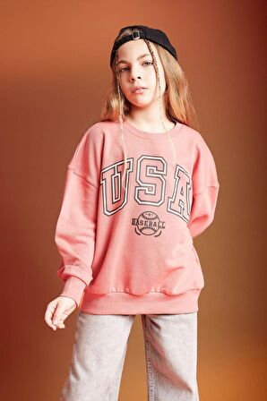 DeFacto Kız Çocuk Oversize Fit Bisiklet Yaka Baskılı Sweatshirt C0571A824SPBR107