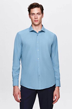 Slim Fit Petrol Italyan Yaka Dar Kesim Klasik Kravatlık Uzun Kollu Kolay Ütülenebilir Nefe 2HF02ORT5185