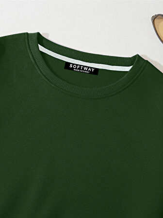 Kadın Basic Crop İçi Polarlı Oversize Sweatshirt - YEŞİL