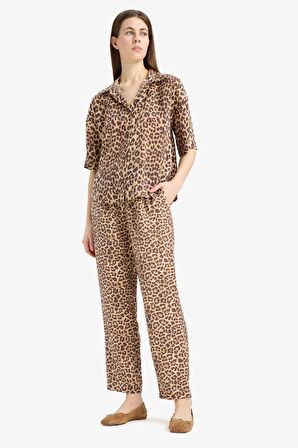 Carrot Fit Leopar Desenli Modal Kumaş Pantolon Çift Cepli Yüksek Bel Düz Paça