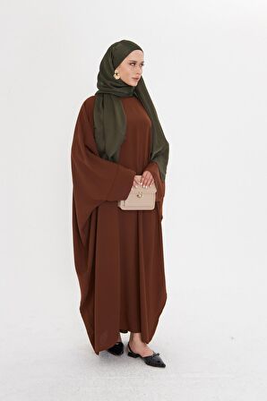 Açık Kahve Yarasa Kol Oversize Medine İpeği Arkası Düğmeli Düz Elbise 4001_47