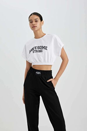 DeFactoFit Crop Bisiklet Yaka Baskılı Sporcu Kısa Kollu Tişört A2423AX24SPWT34