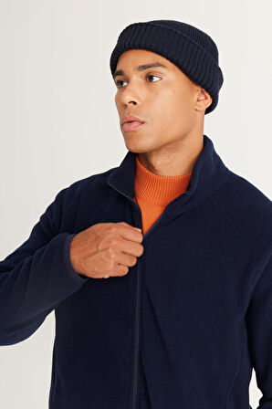 Erkek Lacivert Anti-pilling Tüylenme Yapmayan Standart Fit Bato Yaka Sweatshirt Polar Ceket