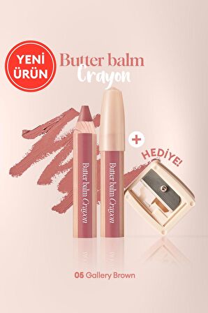 Kremsi, Kalem Şeklinde Renkli Dudak Balmı & Kalemtıraş CLIO Butter Balm Crayon 005 Gallery Brown