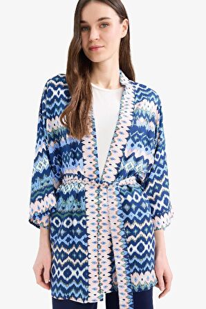 Relax Fit Desenli Kuşaklı Kimono