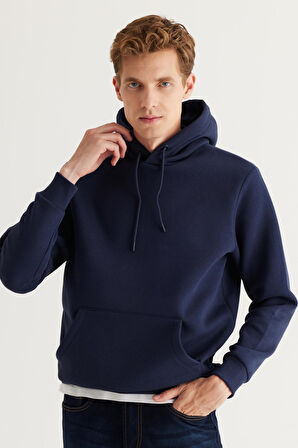 Erkek Lacivert Standart Fit Normal Kesim Içi Polarlı 3 Iplik Kapüşonlu Pamuklu Sweatshirt