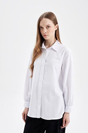 DeFacto Beyaz Relax Fit Gömlek Yaka Poplin Basic Düz Uzun Kollu Gömlek Tunik D4159AX24AUWT83