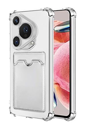 Huawei Pura 70 Ultra Kılıf Darbe Emici Köşe Korumalı Kartlıklı Cüzdanlı Silikon Kapak - Şeffaf