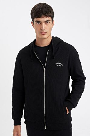 DeFacto Siyah Relax Fit Kapüşonlu Waffle Baskılı Cepli Fermuarlı Sweatshirt D2629AX24AUBK81