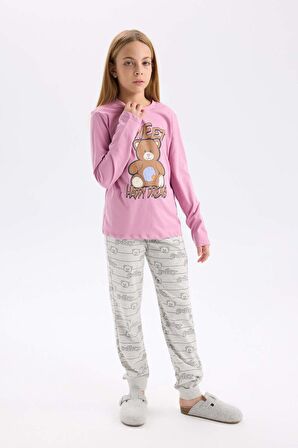 DeFacto Kız Çocuk Pijama Takım Ayıcık Baskılı Uzun Kollu Üst Beli Lastikli Desenli Uzun Alt D2108A824AUBR82