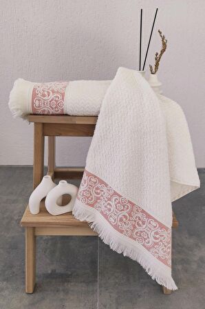 2'li Kabartma Bordürlü & Püsküllü Havlu Seti - %100 Pamuk El  Havlusu - 50X85 cm-Mercan