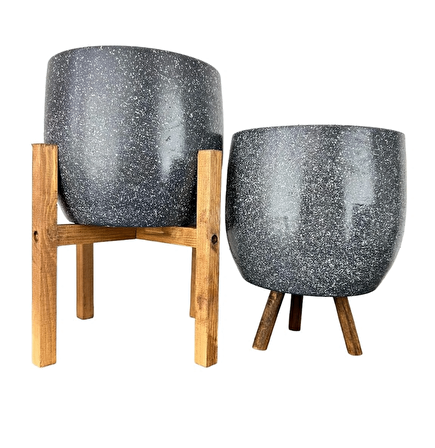 Ev Dekorasyon Aksesuar Gri Granit Toprak Saksı Saksılık Salon Çiçeklik İkili Set 3 Ayaklı- 4 Ayaklı- 19 CM