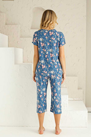 Kadın Çiçek Desen Dantel Detay Viskon Kısa Kol Kapri Pijama Takımı