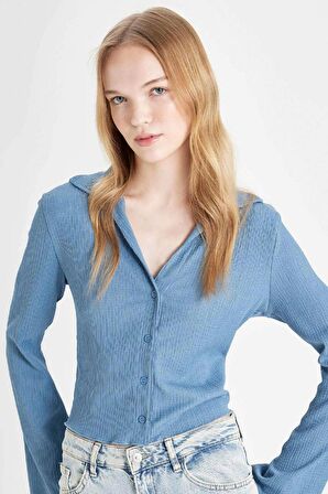 DeFacto Coool Fitted Basic Düz Düğmeli Uzun Kollu Crop Gömlek A0012AX24AUBE456