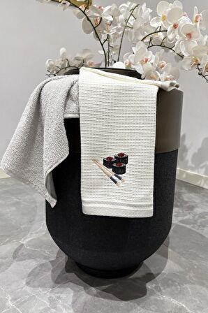 Sevim 2’li Mutfak Havlusu Seti - Açık Gri & Sushi Figürlü Kurulama Bezi -  %100 Pamuk & 40x60 Cm