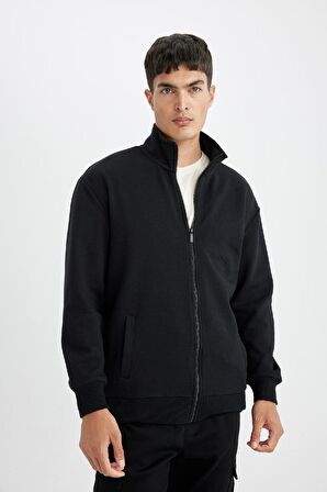 DeFacto Comfort Regular Fit Rahat Kesim Dik Yaka Cepli Basic Düz Fermuarlı Sweatshirt D4971AX24AUBK81