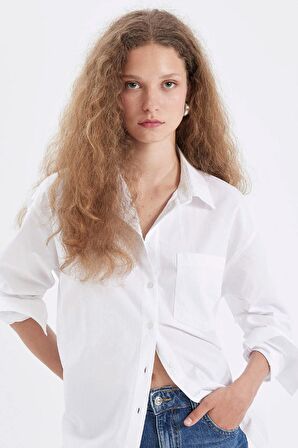DeFacto Oversize Geniş Kalıp Basic Düz Düğmeli Poplin Uzun Kollu Gömlek U7763AZ24AUWT36