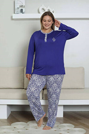 Kadın Saks Mavi 3 Düğmeli Etnik Desen Likralı Viskon Uzun Kol Pijama Takımı