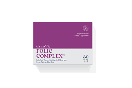 CreaVit Folic Complex 30 Film Kaplı Tablet ( 400 mcg Metilfolat, B6 & B12 vitaminleri, İyot)