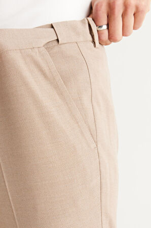 Erkek Bej Slim Fit Dar Kesim Beli Lastikli Esnek Pantolon