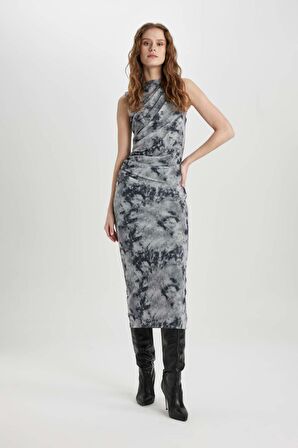 DeFacto Bodycon Vücudu Saran Yuvarlak Yaka Batik Desenli Tül Kolsuz Midi Elbise C5076AX24SPGR67