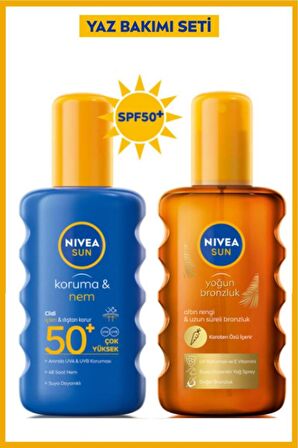 Nivea Sun Güneş Koruyucu Sprey Spf50 200ml, Karoten Bronzlaştırıcı Güneş Yağı 200ml, Ikili Yaz Seti