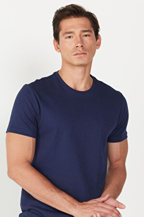 Erkek Lacivert Slim Fit Dar Kesim Bisiklet Yaka %100 Pamuk Tişört